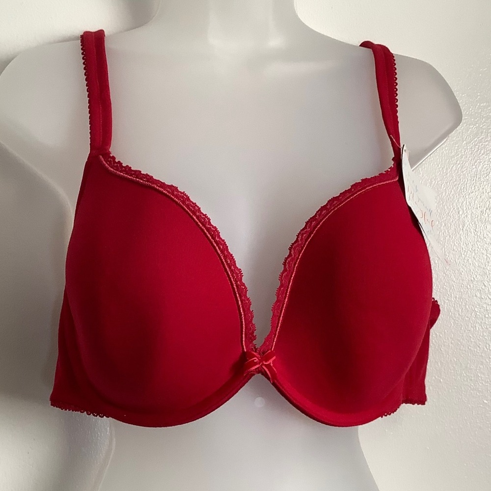 Cacique Plunge Bra Red Lace Trim Removable Pads 145101 44B New